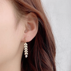 Gold Plated Metal Earrings for Women with Zircon Leaf Design Golden