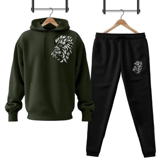 Winter Printed Fleece Hoodie Tracksuit Green