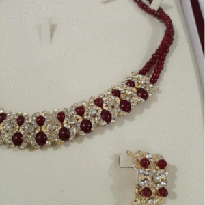 Gold Plated Fancy Necklace for Women with Crystal and Kundan Stones Red