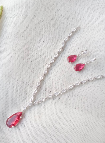Silver Plated Pendant Set for Women with Zircon Stones and Modern Design Red