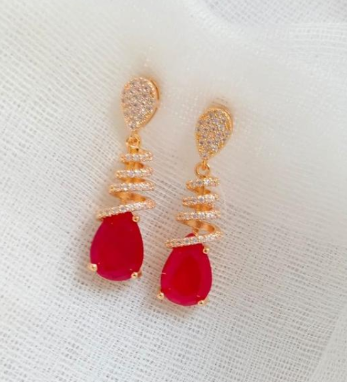 Gold Plated Zircon Earrings for Women with Elegant Design Red