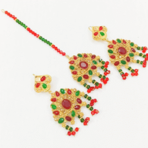 Crystal Stone Slim Design Earrings and Tikka Set for Women with Elegant Lightweight Finish Golden