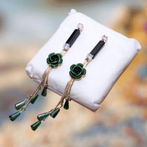 Gold Plated Alloy Earrings for Women with Flower Design Green