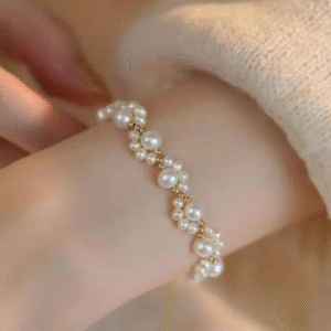 Golden Plated Bracelet with Imitation Pearl Resin and Rhinestone Adjustable for Women Golden