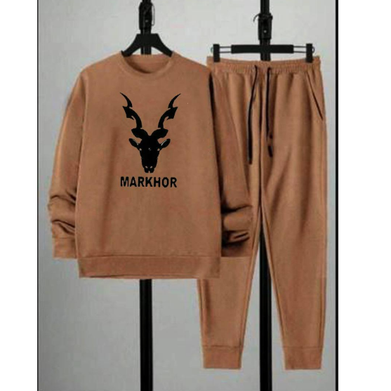 Winter Printed Fleece Sweatshirt Tracksuit Brown