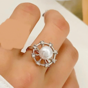 Silver Plated Adjustable Ring for Women with Off White Pearl Silver