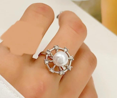 Silver Plated Adjustable Ring for Women with Off White Pearl Silver