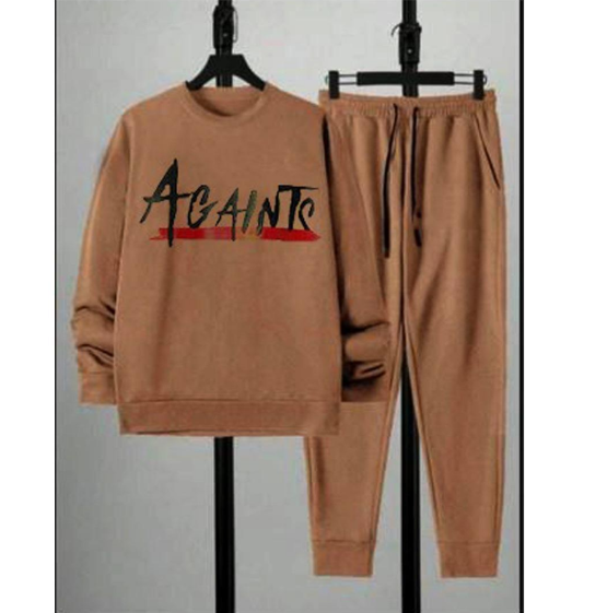 Winter Printed Fleece Sweatshirt Tracksuit Brown