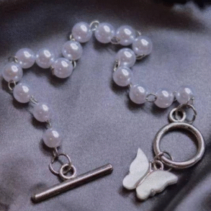 Pearl and Alloy Bracelet with Hanging Butterfly Korean Lock Style for Women Golden