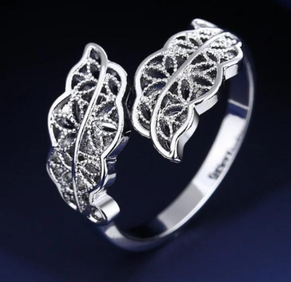 Silver Plated Leaf Design Adjustable Ring for Women with Zircon Stone Silver
