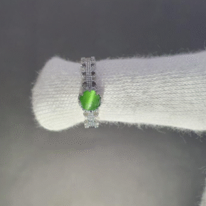 Metal Ring for Women with Unique Design and Green Artificial Stone Silver