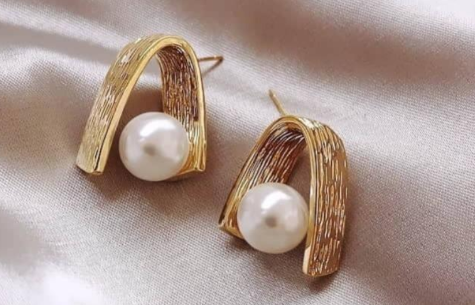 Gold Plated Studs for Women with Pearl Modern Design White