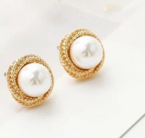 Gold Plated Studs for Women with Pearl Modern Design White