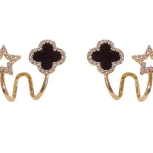 Gold Plated Alloy Studs for Women with Black Crystal Flower Design Black
