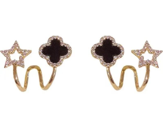 Gold Plated Alloy Studs for Women with Black Crystal Flower Design Black