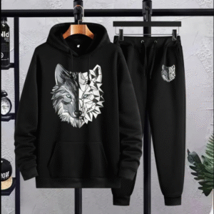2 Piece Men's Printed Fleece Hoodie Tracksuit Black