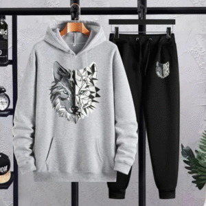 2 Piece Men's Printed Fleece Hoodie Track Suit Grey