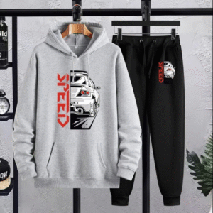 2 Piece Men's Printed Fleece Hoodie Track Suit Grey