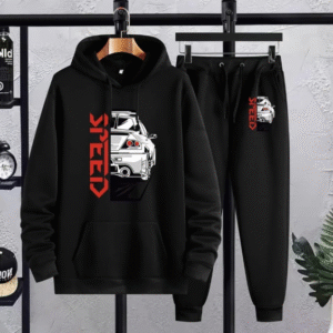 2 Piece Men's Printed Fleece Hoodie Track Suit Black