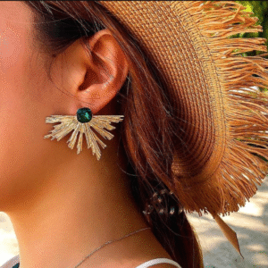 Gold Plated Leaf Design Stud for Women with Dark Green Artificial Stones Golden