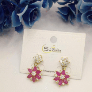 Gold Plated Metal Earrings for Women with Red Zircon Flower Design Golden Silver