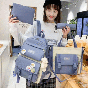 Nylon Backpack for Girls and Boys with Printed Design 4 Pcs Set 17 Inches Multicolor