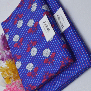 2 Piece Printed Polo Cotton Suit for Women Blue