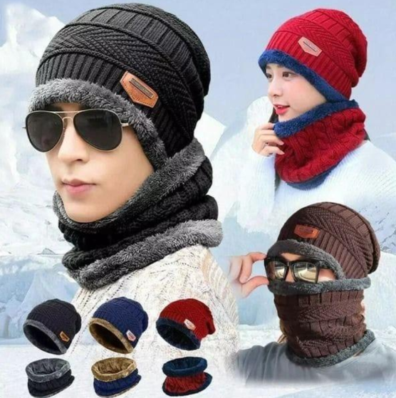 Wool Hat and Neck Warmer Set for Unisex with Casual Style Random