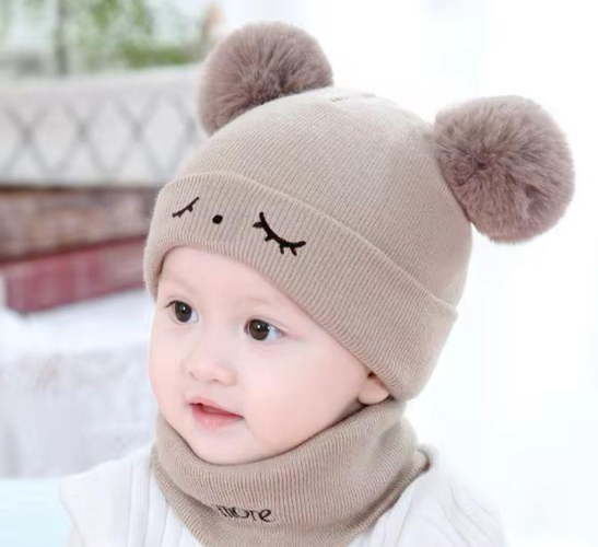 Wool Cap and Neck Warmer Set for Kid's with Casual Style Brown