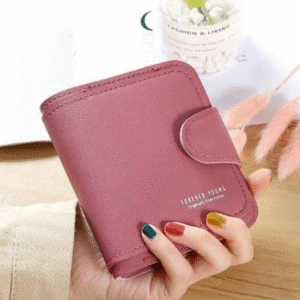 PU Leather Short Wallet for Women with Plain Design Black Dark Pink