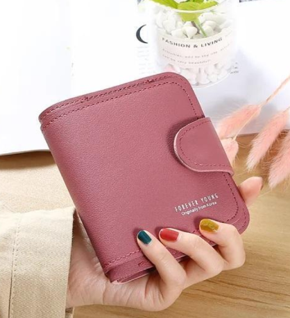 PU Leather Short Wallet for Women with Plain Design Black Dark Pink