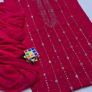 Chiffon Hand Work Embroidered Shirt with Embroidered Dupatta Set for Women Pink 2 Pcs